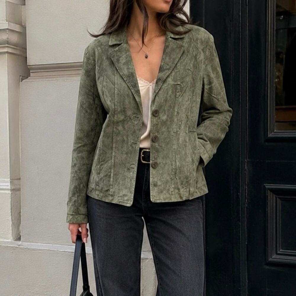 Vintage Y2K Jones New York Suede Green Military Button Jacket Size XL